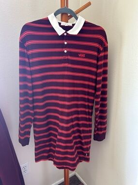 Vans Black and Red Striped Long-Sleeve Polo Dress with White Collar